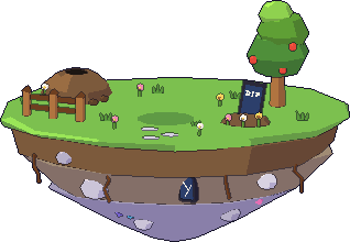 Mole, a chunky mole in a red headband, standing on a little floating island